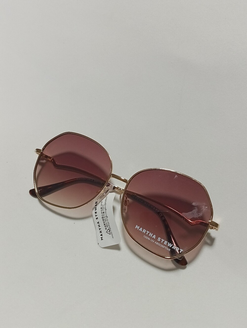 Martha Stewart Geometric Round Oversized Sunglasses Gold Metal Frame Pink Lens